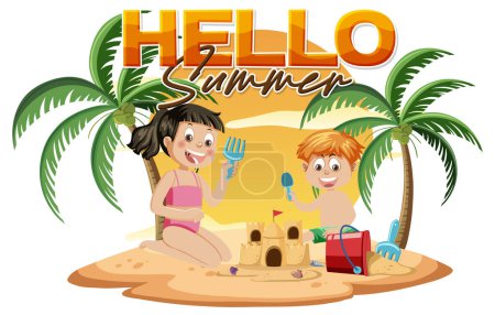 Ilustración de Hello summer word with kid character illustration - Imagen libre de derechos