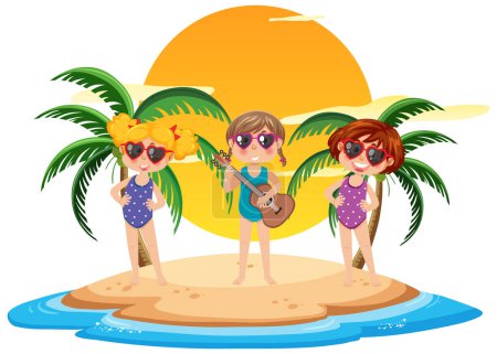 Téléchargez les illustrations : Three kids on the beach island illustration - en licence libre de droit