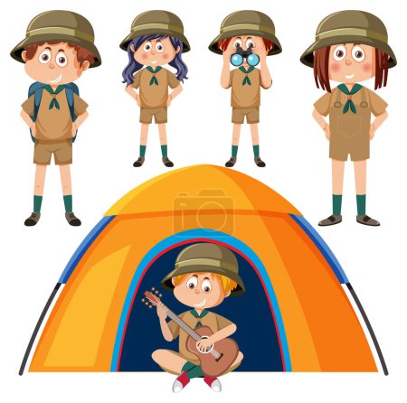 Illustration for Set of camping kids cartoon character illustration - Royalty Free Image