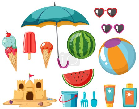 Téléchargez les illustrations : Set of summer beach objects illustration - en licence libre de droit