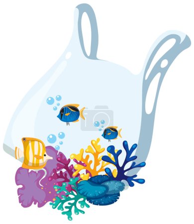 Téléchargez les illustrations : Sac plastique avec animaux marins et illustration corail - en licence libre de droit