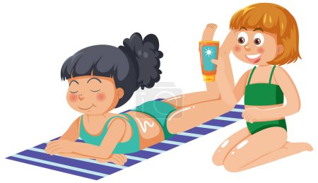 Téléchargez les illustrations : Une fille applique une lotion solaire à son ami illustration - en licence libre de droit