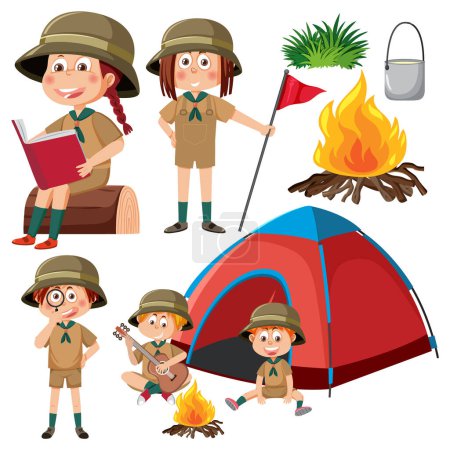 Ilustración de Conjunto de niños camping dibujo animado carácter ilustración - Imagen libre de derechos