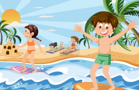 Ilustración de Niños en vacaciones de verano playa ilustración - Imagen libre de derechos