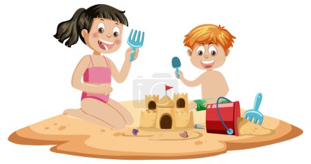 Téléchargez les illustrations : Deux enfants construisent un château de sable à la plage illustration - en licence libre de droit