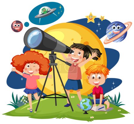 Illustration for Kids observing planets with telescope illustration - Royalty Free Image