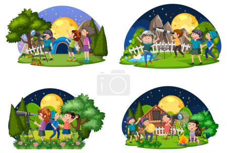 Téléchargez les illustrations : Set of kids using telescope at night illustration - en licence libre de droit