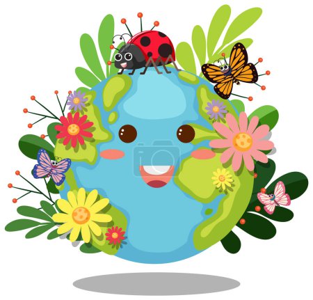 Illustration for Cute earth character with insect and flower illustration - Royalty Free Image