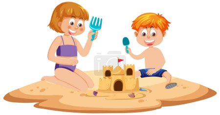 Téléchargez les illustrations : Children building sand castle illustration - en licence libre de droit