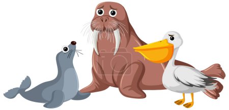 Ilustración de Walrus seal and pelican with sad face expression illustration - Imagen libre de derechos