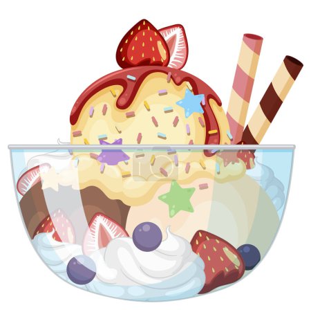 Ilustración de Ice cream sundae served in a glass bowl illustration - Imagen libre de derechos