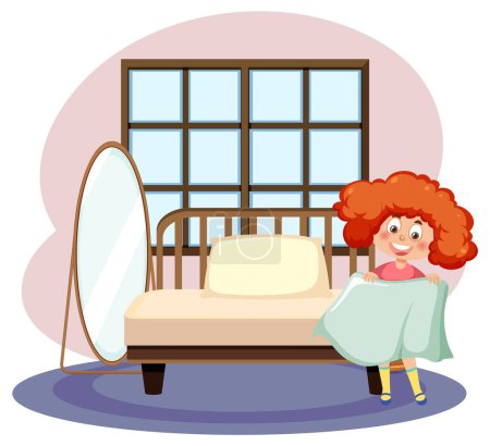 Illustration for A girl folding blanket in the bedroom illustration - Royalty Free Image