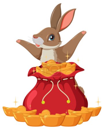 Ilustración de Lindo conejo con oro en una ilustración bolsa - Imagen libre de derechos