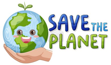 Illustration for Save the planet text with a happy earth character illustration - Royalty Free Image