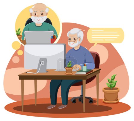 Téléchargez les illustrations : Old man chatting on computer illustration - en licence libre de droit