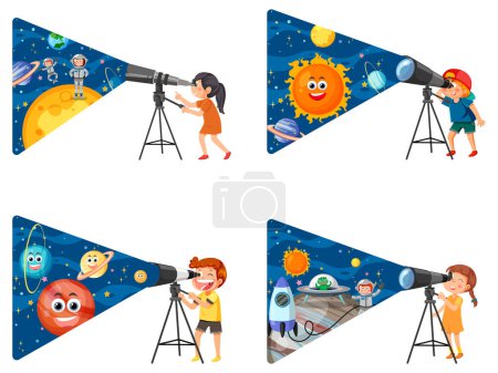 Illustration for Set of kids using telescope isolated illustration - Royalty Free Image
