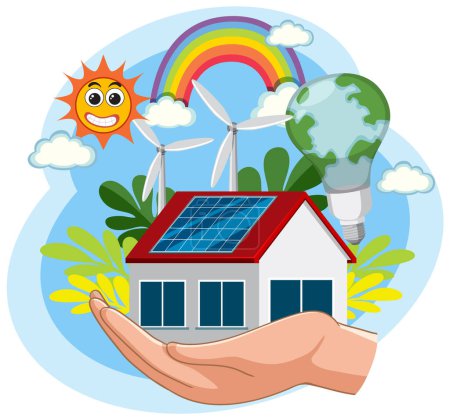 Téléchargez les illustrations : Une maison avec panneaux solaires et éoliennes illustration - en licence libre de droit