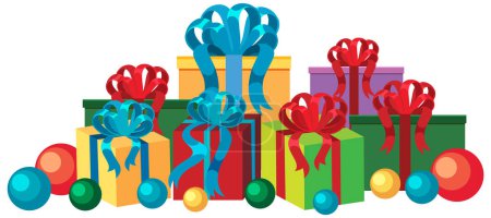 Téléchargez les illustrations : Cadeaux de Noël boîtes tas illustration - en licence libre de droit