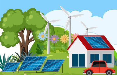 Illustration for Solar energy with house and solar cell  illustration - Royalty Free Image
