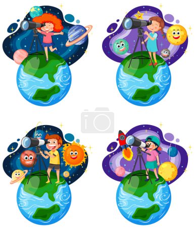 Illustration for Kids in space astronomy theme illustration - Royalty Free Image