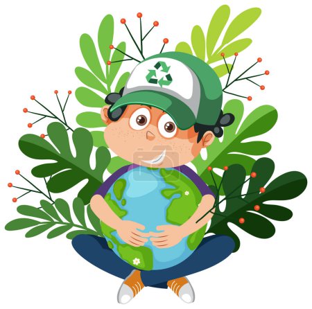 Téléchargez les illustrations : Concept de journée mondiale de la terre avec un garçon étreignant illustration globe terrestre - en licence libre de droit