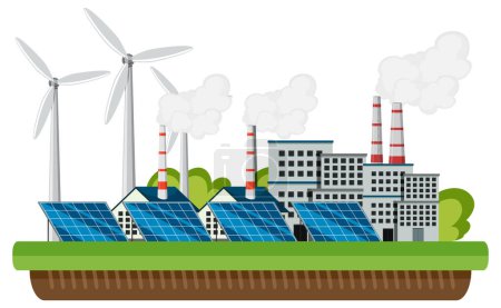 Ilustración de Green energy concept with solar panels and wind turbines illustration - Imagen libre de derechos