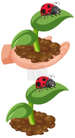 Téléchargez les illustrations : Ladybug on leaf plant on human hand illustration - en licence libre de droit