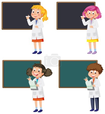Téléchargez les illustrations : Scientist kids with chalkboard template illustration - en licence libre de droit