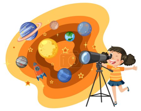 Ilustración de Una niña observando planetas con ilustración de telescopio - Imagen libre de derechos
