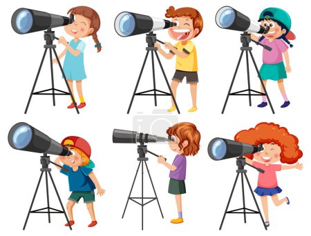 Ilustración de Niños usando la ilustración de la colección de telescopios - Imagen libre de derechos