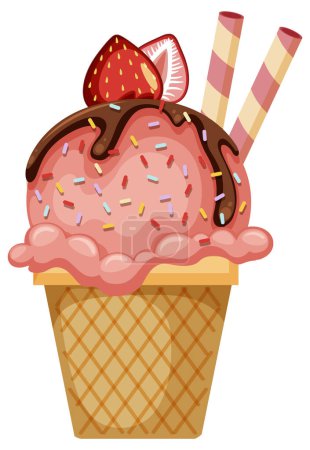 Illustration for Strawberry ice cream cone with toppings illustration - Royalty Free Image
