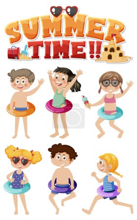 Téléchargez les illustrations : Texte de l'heure d'été avec illustration jeu de caractères enfants - en licence libre de droit