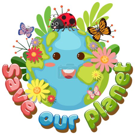 Illustration for Save our planet text with a happy earth character illustration - Royalty Free Image