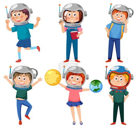Téléchargez les illustrations : Ensemble d'enfants portant des casques d'astronautes illustration - en licence libre de droit