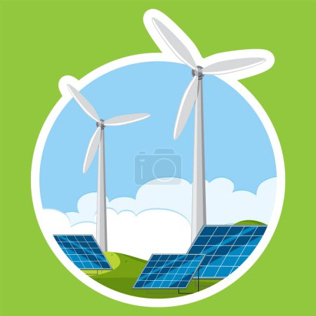 Téléchargez les illustrations : Concept d'énergie verte avec panneaux solaires et éoliennes illustration - en licence libre de droit