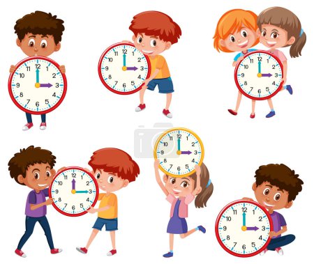 Téléchargez les illustrations : Ensemble d'enfants personnage de dessin animé tenant horloge illustration - en licence libre de droit