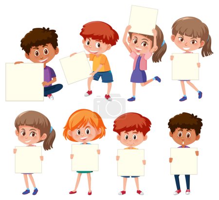 Téléchargez les illustrations : Set of children cartoon character holding banner illustration - en licence libre de droit