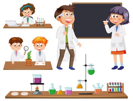 Téléchargez les illustrations : Illustration d'expériences scientifiques et étudiantes en chimie - en licence libre de droit