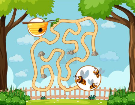 Illustration for Maze game template in honeybee theme for kids illustration - Royalty Free Image