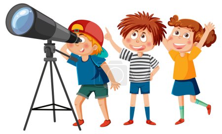 Illustration for Kids observing the sky with a telescope illustration - Royalty Free Image
