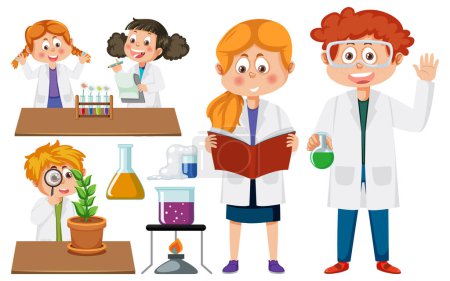 Ilustración de Científico y estudiante haciendo ilustración de experimentos de química - Imagen libre de derechos