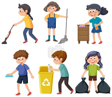 Illustration for Kids cleaning at home set illustration - Royalty Free Image