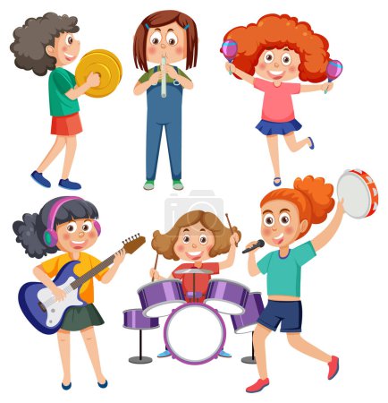 Téléchargez les illustrations : Set of cartoon kids character with music instruments illustration - en licence libre de droit