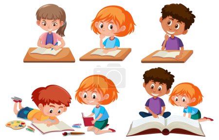 Ilustración de Conjunto de ilustración de aprendizaje de personajes de dibujos animados de estudiantes - Imagen libre de derechos