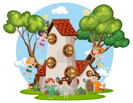 Illustration for Fairies flying around fairytale tower  illustration - Royalty Free Image