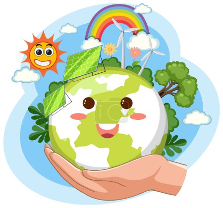 Téléchargez les illustrations : Mignon globe terrestre avec panneau solaire et éolienne illustration - en licence libre de droit