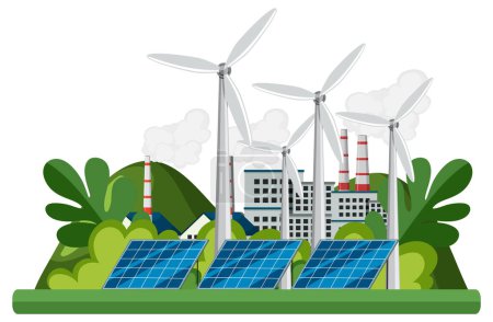 Téléchargez les illustrations : Green energy concept with solar panels and wind turbines illustration - en licence libre de droit