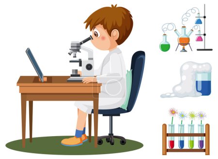 Téléchargez les illustrations : Scientist and student doing chemistry experiment illustration - en licence libre de droit