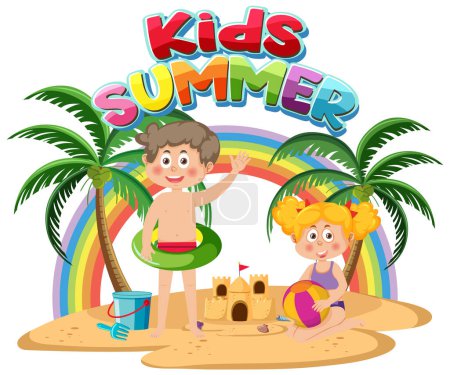 Téléchargez les illustrations : Summer kids on the beach illustration - en licence libre de droit