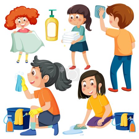 Téléchargez les illustrations : Set of children doing chores with household equipments illustration - en licence libre de droit